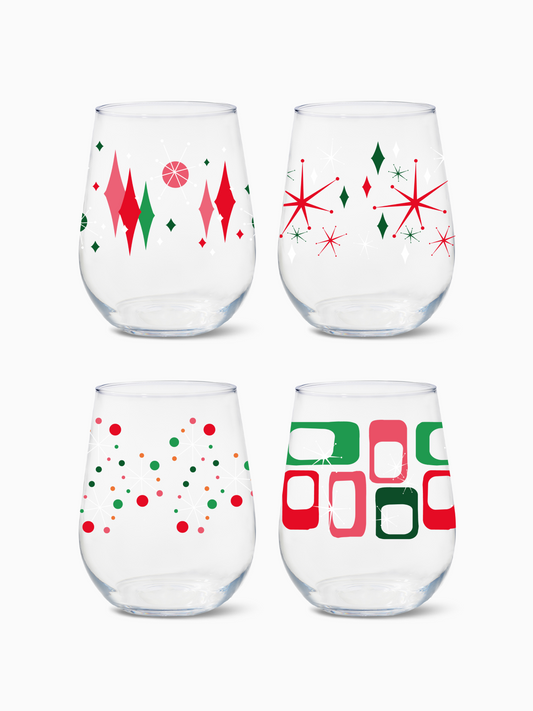 Retro Festive Pattern - RESERVE 16oz Stemless Wine Tritan Copolyester Glass